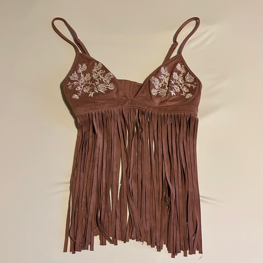 Forever 21 pink suede Embroidered adjustable tassle top